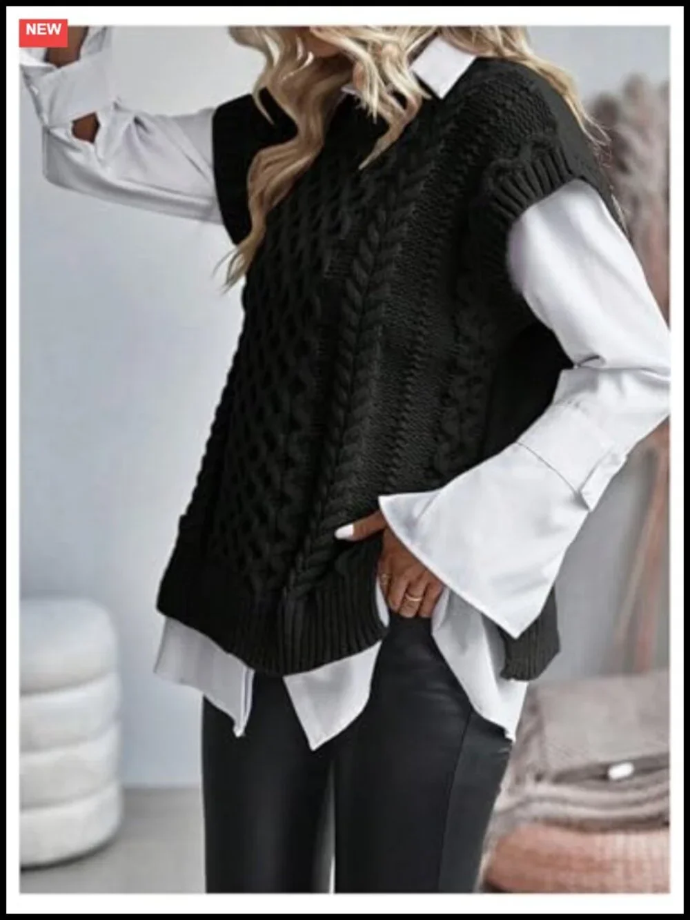 Women's Cable Knit Sweater Vest Cap Sleeve Crew Neck Side Slit Loose Knit